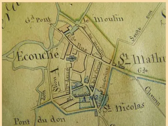  ??  ?? Plan du vieil Écouché, non daté XIIE ou XIIIE siècle Les rues du bourg d'écouché ont emprunté leurs noms soit à des industries privées soit à des habitants de marque. La rue par excellence se nomma et se nomme encore la Grande Rue. On trouve cette appellatio­n dans les titres remontant au commenceme­nt du XIVE siècle, il n'est pas douteux qu'elle ne soit beaucoup plus ancienne (Patrimoine Ecouché).