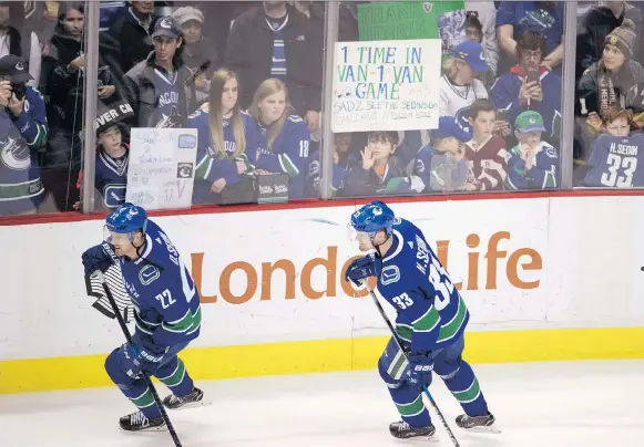  ?? JONATHAN HAYWARD/THE CANADIAN PRESS ?? Canucks stars Daniel, left, and Henrik Sedin, who played their final Vancouver home game Thursday, say it was a “team effort” to get to the NHL.