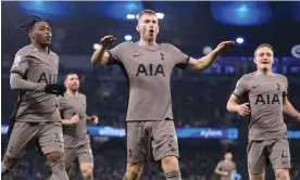  ?? City. Photograph: Simon Stacpoole/Offside/Getty Images ?? Dejan Kulusevski celebrates after scoring Tottenham’s last-minute equaliser against Manchester