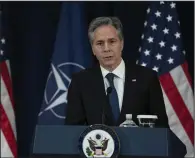  ?? (AP/Manuel Balce Ceneta) ?? Secretary of State Antony Blinken speaks Jan. 29 during a news conference with NATO Secretary-General Jens Stoltenber­g at the State Department in Washington.