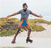  ?? KENDRICK BRINSON/THE NEW YORK TIMES ?? Terrance Brown roller-skates along a beach path in Santa Barbara, California. “The only reason I stop skating is when the sun goes down,” Brown said.