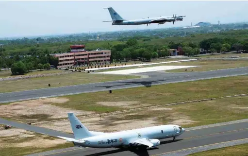  ??  ?? Welcoming the next-generation: Indian Navy’s TU-142M flies over Boeing P-8I aircraft at INS Rajali in Tamil Nadu