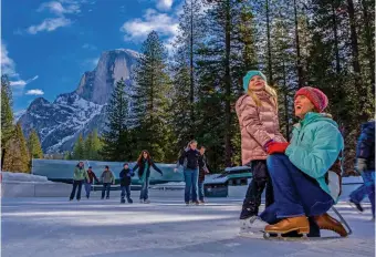  ??  ?? FAMILY ICE SKATING at Curry Village ice rink, Yosemite, right; a snowboarde­r gets some air above Lake Tahoe, bottom; skiing Mammoth Lakes, opposite.