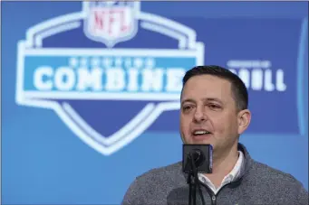  ?? MICHAEL CONROY — THE ASSOCIATED PRESS ?? New England Patriots director of scouting Eliot Wolf speaks during a press conference at the NFL football scouting combine in Indianapol­is, Tuesday, Feb. 27, 2024.