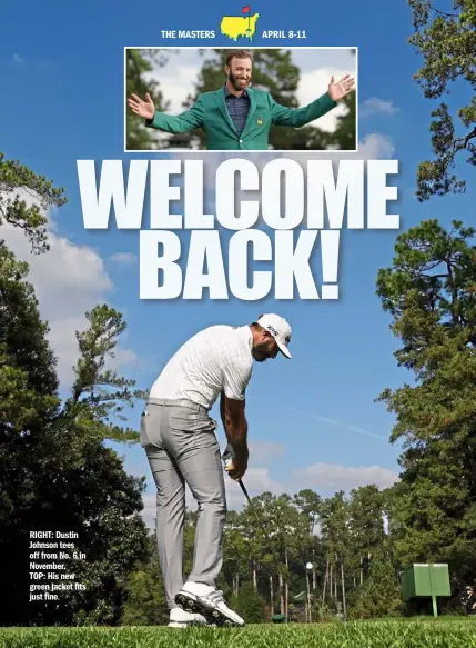  ??  ?? RIGHT: Dustin Johnson tees off from No. 6 in November. TOP: His new green jacket fits just fine.