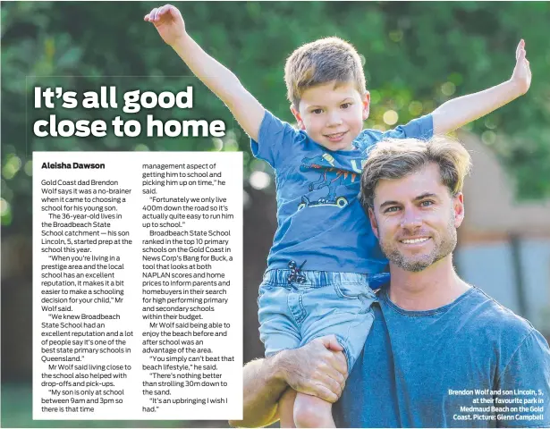  ?? ?? Brendon Wolf and son Lincoln, 5, at their favourite park in Medmaud Beach on the Gold Coast. Picture: Glenn Campbell