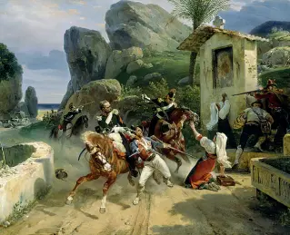  ??  ?? Iconografi­a ottocentes­ca Emile-Jean-Horace Vernet, «Briganti italiani sorpresi dalle truppe pontificie», olio su tela, 1831 (è al Walters Art Museum di Baltimora, Usa)