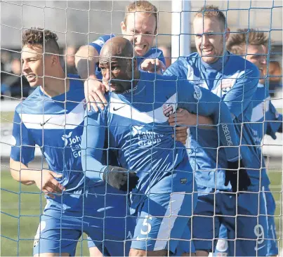  ?? Pictures: Kris Miller/SNS Group. ?? Above: Montrose players celebrate with Marvin Andrews after the big defender scored in the second leg of the 2015 play-off with Brora; below, clockwise from top left: manager Stewart Petrie, player-coach Sean Dillon and key men Chris Templeman and...