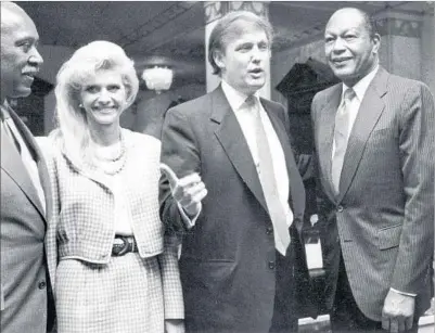  ?? Mindy Schauer For The Times ?? DONALD TRUMP, second from right, stands next to Los Angeles Mayor Tom Bradley, right, in 1990 after announcing that he had purchased an interest in the Ambassador Hotel. At left are Councilman Nate Holden and Ivana Trump.