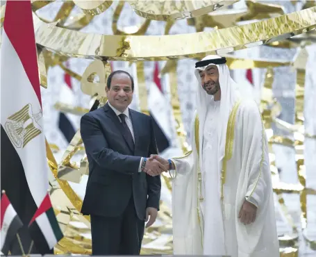  ?? Hamad Al Mansoori for the Ministry of Presidenti­al Affairs ?? Sheikh Mohamed bin Zayed, Crown Prince of Abu Dhabi and Deputy Supreme Commander of the Armed Forces, with Abdel Fattah El Sisi, President of Egypt, during a reception at Qasr Al Watan on Thursday