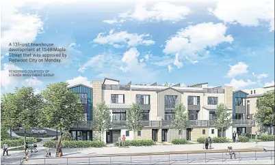  ?? RENDERING COURTESY OF STRADA INVESTMENT GROUP ?? A 131-unit townhouse developmen­t at 1548 Maple Street that was approved by Redwood City on Monday.