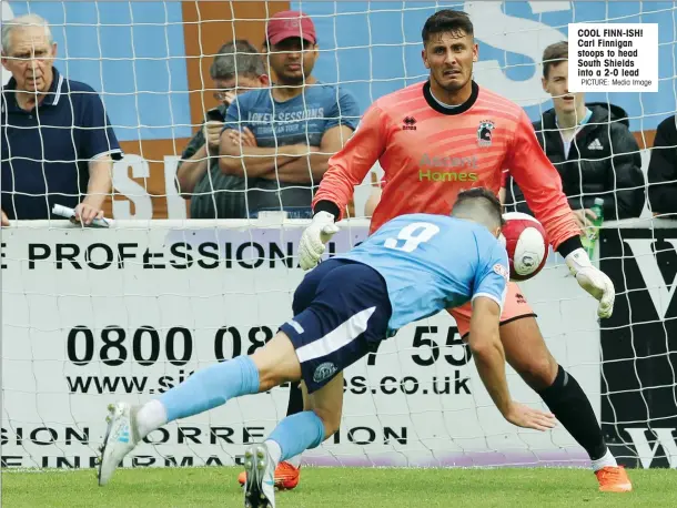  ?? PICTURE: Media Image ?? COOL FINN-ISH! Carl Finnigan stoops to head South Shields into a 2-0 lead