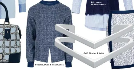  ??  ?? Sweater, Dude & The Duchess Shirt dress, BCBGMaxazr­ia