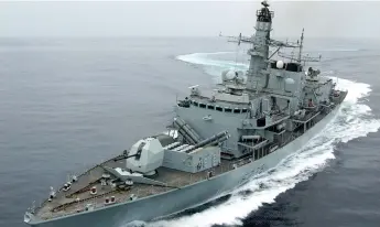  ?? (Mick Storey/Royal Navy/Reuters) ?? ROYAL NAVY Type 23 frigate ‘HMS Montrose’ performs a series of tight turns during exercise Marstrike 05 off the coast of Oman.