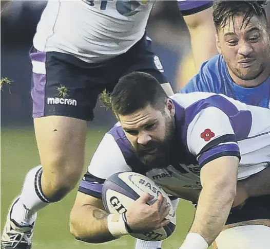  ??  ?? 0 Cornell du Preez, who has been named in the Scotland team for the clash with New Zealand at BT Murrayfiel­d tomorrow, is tackled