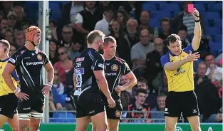  ??  ?? Off: Tomas Francis gets a red card for kicking at a loose ball