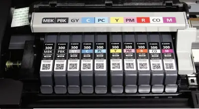  ??  ?? The ten Lucia Pro ink cartridges comprise matte black, gloss black, grey, cyan, photo cyan, magenta, photo magenta, yellow, red and a chrome optimiser.