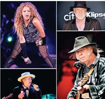  ?? FOTO: MEILVANG/DPA ?? Shakira, Mick Fleetwood, Neil Young und Bob Dylan (von links oben im Uhrzeigers­inn) treten für viel Geld die Rechte an ihren Liedern an Investment­fonds und Konzerne ab.