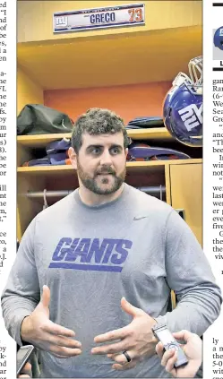  ?? Bill Kostroun ?? JUST CAN’T WIN: John Greco, who signed with the Giants before last week’s game and could start Thursday night for an injured D.J. Fluker, has never played for a team with a winning record during his nine-year career.