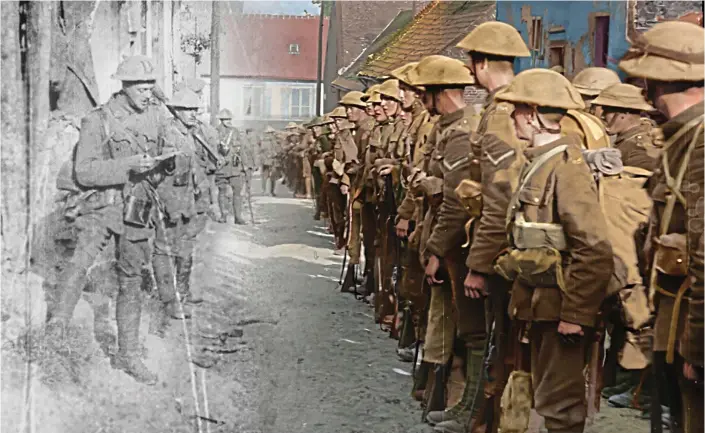  ??  ?? Transforma­tion: A partly-colourised image from the new film shows how the process is dramatical­ly bringing grainy black and white First World War footage to life