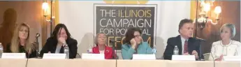  ?? | RACHEL HINTON/ SUN- TIMES ?? Sens. Melinda Bush ( 31st) and Cristina Castro ( 22nd) joined Rep. Barbara Flynn Currie, ( 25th) Rhode Island Sen. Gayle Goldin, former Legislativ­e Inspector General TomHomer and SaraWojcic­ki Jimenez ( 99th) to discuss how the state legislatur­e should...