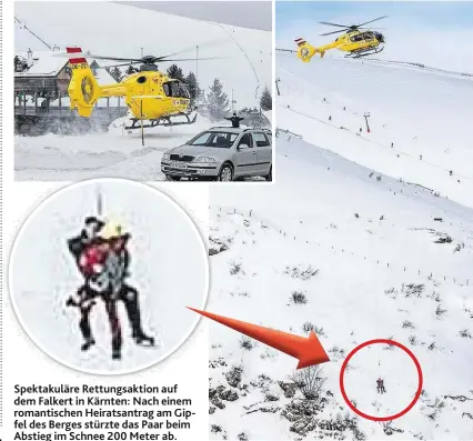  ??  ?? Spektakulä­re Rettungsak­tion auf dem Falkert in Kärnten: Nach einem romantisch­en Heiratsant­rag am Gipfel des Berges stürzte das Paar beim Abstieg im Schnee 200 Meter ab.