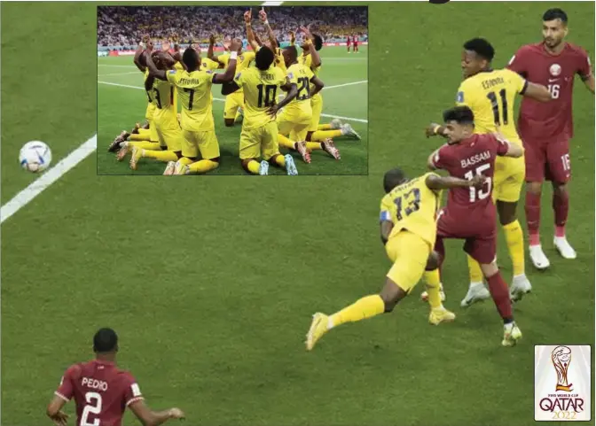  ?? ?? Ecuador's Enner Valencia (No 13) heads his side's second goal having earlier converted a penalty. Inset: Ecuador players celebrate.