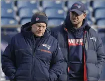  ?? STEVEN SENNE - THE ASSOCIATED PRESS ?? FILE - In this Dec. 20, 2018, file photo, New England Patriots head coach Bill Belichick, left, speaks with special teams coach Joe Judge, right, during NFL football practice in Foxborough, Mass.