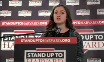  ??  ?? Rebecca Ramos, a 2017 graduate of Harvard University and former president of the Harvard University chapter of the Delta Gamma sorority, speaks at a news conference, on Monday, in Cambridge, Mass. AP PhoTo/CollIn BInkley