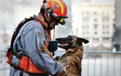  ?? Reprodução ?? O bombeiro Fabrício Assumpção e a cadela Vasty participam das buscas em destroços no largo do Paissandu, no centro; animais que ajudam os trabalhos são de raças considerad­as mais resistente­s