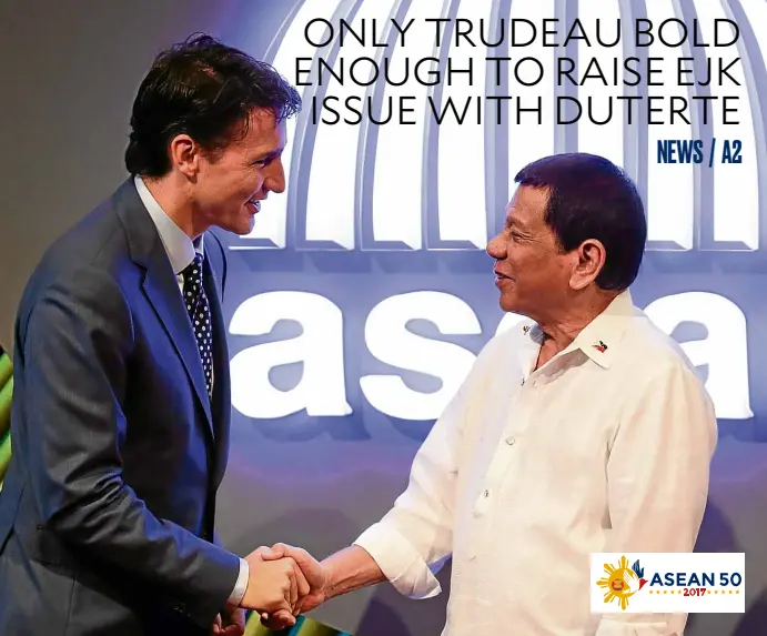  ?? —AFP ?? SENSITIVE CONCERNS Canadian Prime Minister Justin Trudeau, welcomed by President Duterte to the Asean Summit on Monday, says he has impressed on the Philippine leader during their meeting the need for respect for the rule of law and Canada’s offer of...