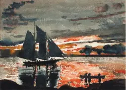  ??  ?? Winslow Homer (1836-1910), Sunset Fires, 1880. Watercolor on paper, 9¾ x 135/8 in. The Westmorela­nd Museum of American Art, Greensburg, Pennsylvan­ia. Gift of the William A. Coulter Fund, 1964.36.