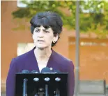  ?? DAN HONDA/STAFF ?? SJSU President Mary Papazian speaks Thursday in front ofWashburn Hall, where a swastika was found.