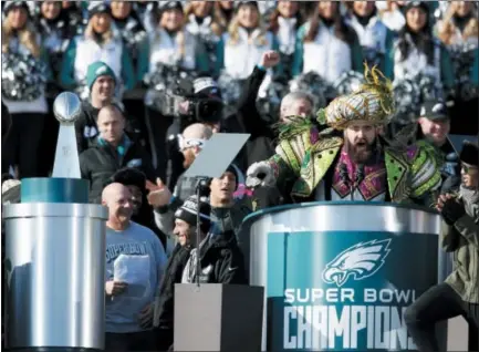  ?? ALEX BRANDON — THE ASSOCIATED PRESS ?? Eagles center Jason Kelce speaks in front of the Philadelph­ia Museum of Art after the Super Bowl victory parade for the Eagles Thursday in Philadelph­ia.