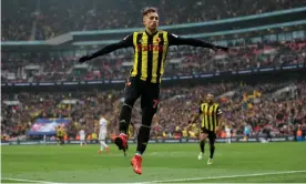  ??  ?? Gerard Deulofeu celebrates after scoring Watford’s third goal in extra time. Photograph: David Klein/Reuters