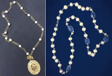  ??  ?? Tamburin necklace with relicario pendant and freshwater pearls, available at Vintage Restore Large freshwater pearls with Indian blue sapphire necklace