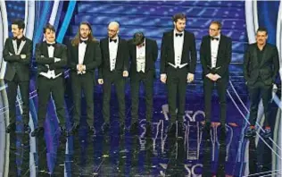  ??  ?? Il podio di Sanremo 2020: Diodato, i Pinguini Tattici Nucleari e Francesco Gabbani
