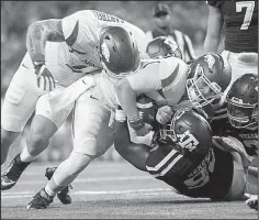  ?? NWA Democrat-Gazette file photo ?? Arkansas quarterbac­k Austin Allen is stopped short of the end zone during the third quarter of last year’s game against Texas A&M in Arlington, Texas. The Aggies stopped the Hogs at the 1 three times as Texas A&M won 45-24.