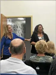  ?? GINGER RAE DUNBAR – DIGITAL FIRST MEDIA ?? Nancy Perez speaks at a mental health awareness event on Wednesday as Linda K. Hershey, SAP Liaison/Prevention Specialist and YMHFA coordinato­r, The COAD Group, looks on.