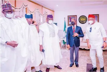  ?? Photo: State House ?? From left: Yobe State Governor Mai Mala Buni, Kogi State Governor Yahaya Bello, Ekiti State Governor Kayode Fayemi, Vice President Yemi Osinbajo and Imo State Governor Hope Uzodinma during festivitie­s to mark Imo governor’s one year in office in Oweri yesterday