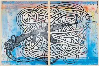  ??  ?? AK - 47 #1. Díptico, 2018. Esmalte, acrílico y lápiz sobre papel, 112 x 165 cm.. .