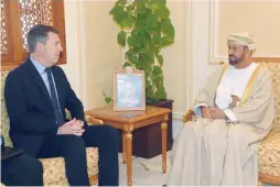  ??  ?? Sayyid Badr bin Saud al Busaidy with Michael Patrick Mulroy in his office at Mu’askar Bait Al Falaj on Wednesday.