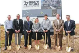  ??  ?? To help mark the official ground-breaking of the GHBA Benefit Home are, from left, Will Holder, Benefit Homes Project chair; Al Brende, owner and co-founder Land Tejas; Tim Johnson, director of community sales and marketing, Land Tejas; Jennifer...