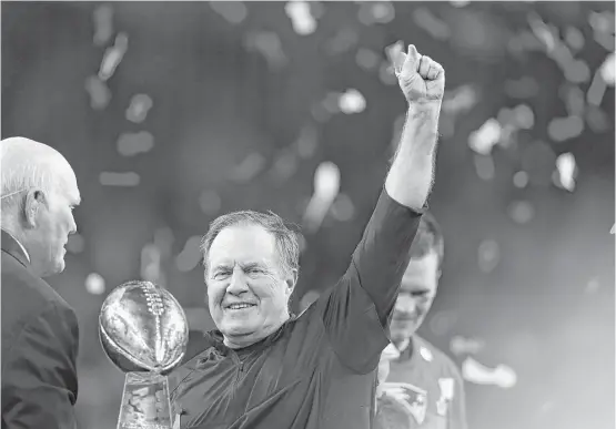  ?? Brett Coomer / Houston Chronicle ?? Coach Bill Belichick celebrates after the Patriots defeated the Falcons with a stirring comeback in Super Bowl LI at NRG Stadium last February.