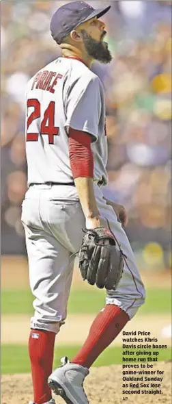  ??  ?? David Price watches Khris Davis circle bases after giving up home run that proves to be game-winner for Oakland Sunday as Red Sox lose second straight.