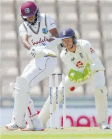  ?? (Photo: AFP) ?? Kraigg Brathwaite plays a shot on the third day of the first Test cricket match between England and the West Indies at the Ageas Bowl in Southampto­n, southwest England in this July 10, 2020 file photo.