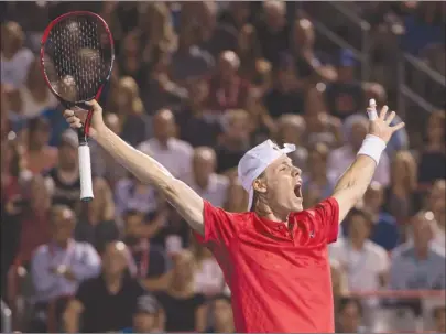  ?? The Canadian Press ?? Denis Shapovalov of Canada celebrates after defeating Adrian Mannarino of France during quarter-final play at the Rogers Cup in Montreal on Friday. Shapovalov won 2-6, 6-3, 6-4.