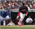  ?? TIM PHILLIS — THE NEWS-HERALD ?? Michael Brantley watches his RBI single during the first inning April 6. The Indians won their home opener, 3-2, over the Royals.