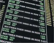  ?? John Locher Associated Press ?? THE WESTGATE SUPERBOOK displays odds for different bets for the fight between Floyd Mayweather Jr. and Conor McGregor.