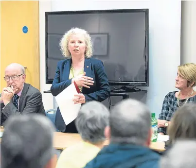  ?? Picture: Wullie Marr. ?? Labour MSP Claire Baker speaks at the meeting in the Rothes Halls, Glenrothes.